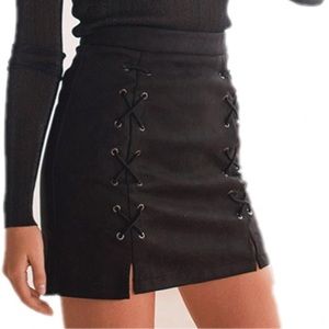 Classic High Waist Lace Up Bodycon Faux Suede A Line Mini Pencil Skirt